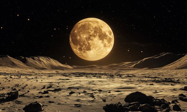 Stunning lunar landscape with large moon illuminating rocky terrain and starry sky