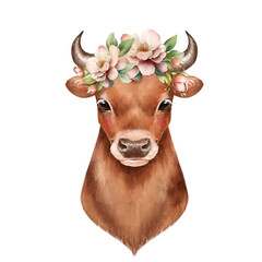 Cute cow in wreath of flowers. Farm animal illustration