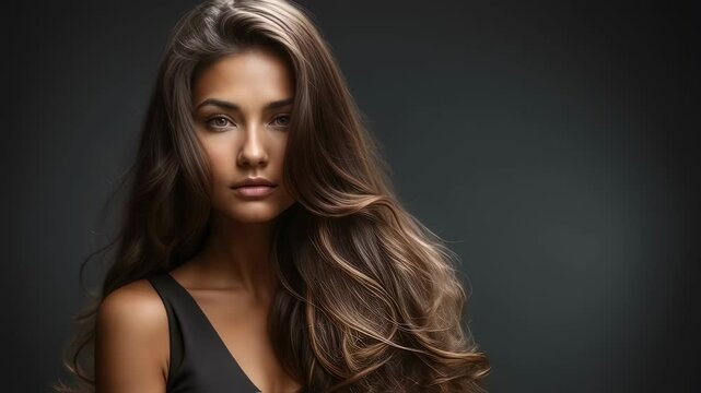 Beautiful woman with long flowing hair, slow motion, beauty and fashion concept, hair care commercial, beauty salon promotional video, model