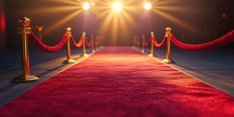 Red carpet event with bright lights and velvet ropes set for a glamorous premiere night