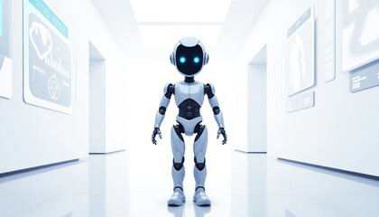 Robot standing confidently in a futuristic hallway  