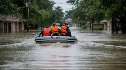 Fototapeta premium Emergency rescue team navigates flooded streets in a small boat, showcasing brave responders in action during a serious natural disaster in an urban setting.