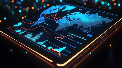 Futuristic digital display showing global market trends.  A vibrant, glowing world map overlaid with dynamic graphs illustrates complex data visualization.