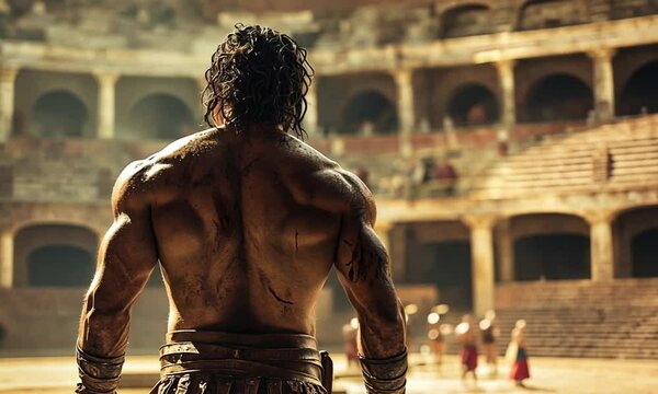 A muscular gladiator stands facing a stadium, his back displaying scars, ready for battle.