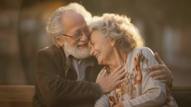 Happy senior couple embracing outdoors, romantic love and relationship concept, retirement lifestyle, cinematic slow motion