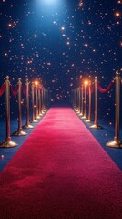Elegant red carpet pathway leads to a spectacular starry background for a glamorous event