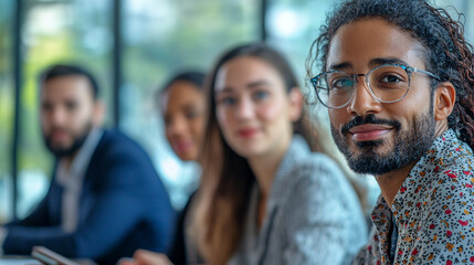 Obraz premium A diverse group of professionals at a meeting with a man in focus wearing glasses and a patterned shirt