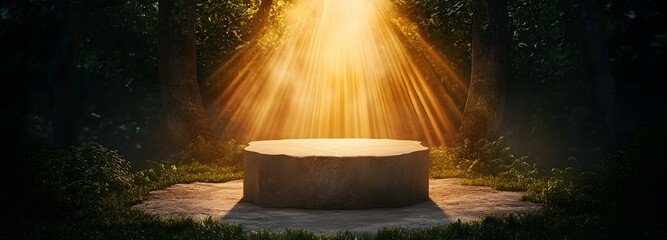 A podium placed in the center of a mystical clearing, bathed in beams of celestial light