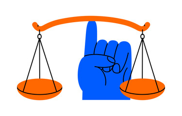 Hand drawn cute cartoon illustration hand holding balance scales. Flat vector mass measurement device in arm doodle. Equal in weight bowls icon. Justice or law. Burden and power. Isolated.