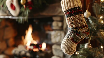 Obraz premium Cozy Christmas Stocking by the Fireplace