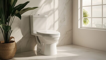 Modern Two-Piece Toilet Design in Bright Bathroom with Marble Walls and Natural Light