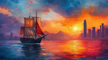 Obraz premium Sailboat at Sunset Over City Skyline - Impressionist Oil Painting