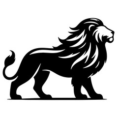 Obraz premium Silhouette lion logo, majestic mane, stylized black and white, profile view, strong pose, graphic design, minimalist, bold lines, sleek contours, regal appearance, iconic symbol, vector art style.