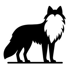 Obraz premium Silhouette, wolf, standing, side view, black and white, graphic design, sharp contrast, stylized, sleek, detailed fur texture, pointed ears, bushy tail, majestic pose, vector art, minimalist