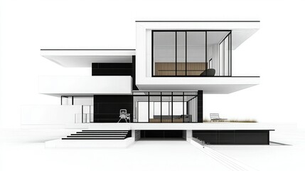 A modern architectural design showcasing clean lines, large windows, and a minimalist style, emphasizing a blend of indoor and outdoor spaces.