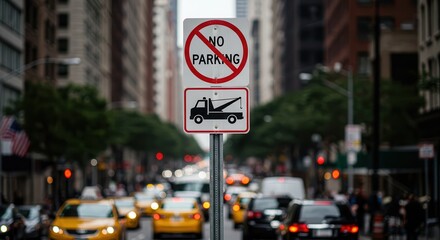 Street Sign Showing No Parking with Tow Truck Symbol in City