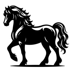 Obraz premium Black and white illustration of stylized horse silhouette, elegant equine figure, flowing mane and tail, strong muscular body, regal pose, side view, minimalist design, graphic art style