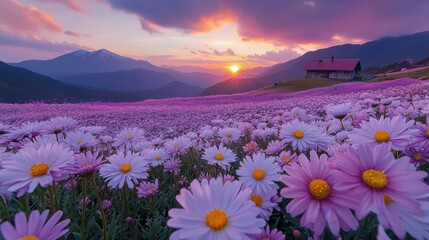 Fototapeta premium Enchanted Meadow Sunset: A vibrant tapestry of pink and purple flowers blankets a serene meadow, with mountains in the distance framing a breathtaking sunset over a quaint cabin.