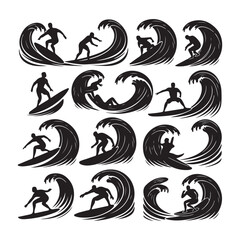 set of vector various surfer vector , silhouette	