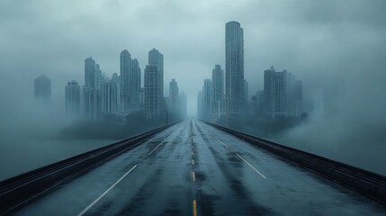 Fototapeta premium Cityscape in Fog: A Deserted Highway Leads to a Mysterious Metropolis