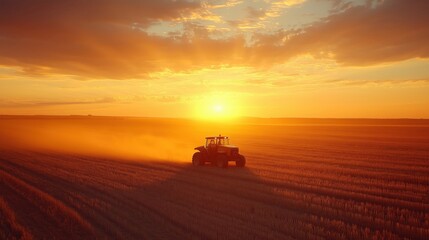 Tractor working in golden sunset over agricultural field with dramatic sky