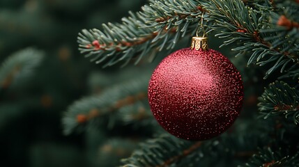 Red bauble hanging on a pine tree branch.
