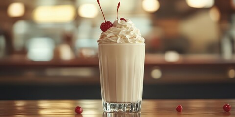Creamy milkshake topped with whipped cream and cherries in a cozy diner setting