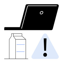 Closed laptop above milk carton and exclamation triangle, highlighting connectivity between technology, health safety, and caution. Ideal for food safety, technology, health, communication, warnings
