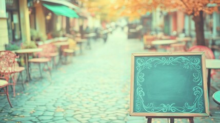 A serene outdoor cafe setting features empty tables amidst vibrant autumn leaves on a picturesque cobblestone street