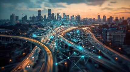 Fototapeta premium Smart City: Connected Urban Landscape at Dusk