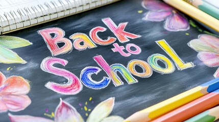 Chalk art on a blackboard features the phrase back to school surrounded by colorful flowers, capturing the spirit of a new academic year