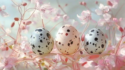 Vibrant speckled eggs rest gently among blooming pink flowers, capturing the essence of springtime beauty and renewal
