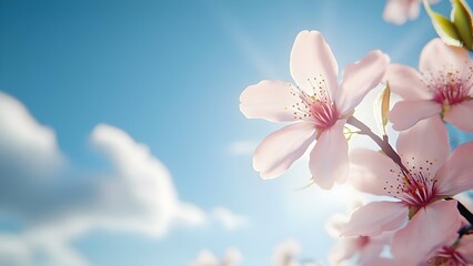 Delicate pink cherry blossoms against a bright blue sky with fluffy clouds, capturing a serene springtime scene. Concept Cherry Blossoms, Serene Springtime, Blue Sky, Fluffy Clouds
