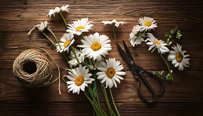 Obraz premium Arranging Fresh Daisies with Scissors and Twine on Rustic Wood