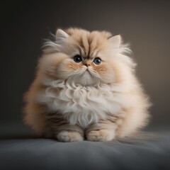 A fluffy Persian cat sits on a bed, looking at the camera