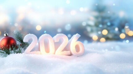 Glowing numbers representing 2026 rest on soft snow, adorned with a red ornament and a green pine branch, conveying a festive winter atmosphere