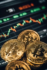 Cryptocurrency coins on a financial chart display