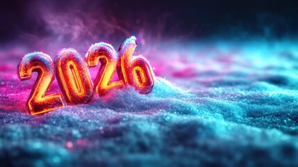 Colorful 2026 numbers stand out against a snowy background, illuminated by vibrant lighting in a mystical nighttime setting