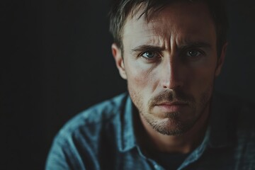 Obraz premium A man's intense gaze reveals unspoken emotions, a portrait in brooding shadows and deep teal hues.