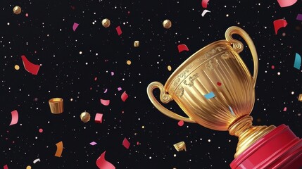 A golden trophy is positioned prominently against a dark background filled with vibrant confetti in various colors, symbolizing victory