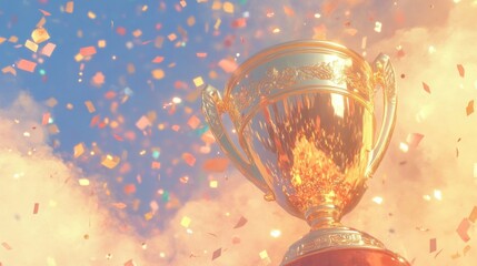 A shiny trophy stands tall with colorful confetti falling around it, creating a joyful and celebratory atmosphere under a bright sky
