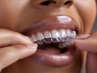 Patient adjusting invisalign clear aligner dental office health & beauty image clinical environment close-up view oral care insight