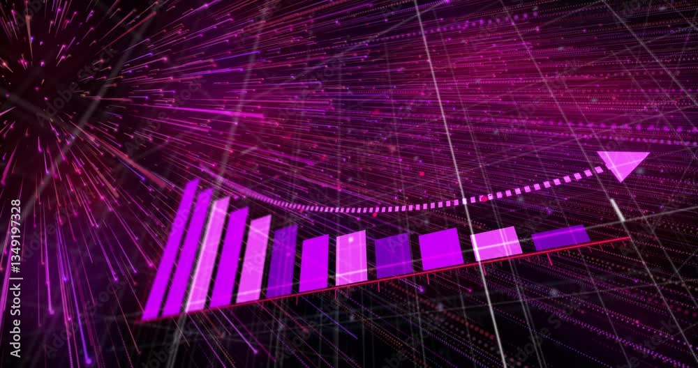 Poster animation of dynamic lines and dots on purple bar graph for data analysis concept