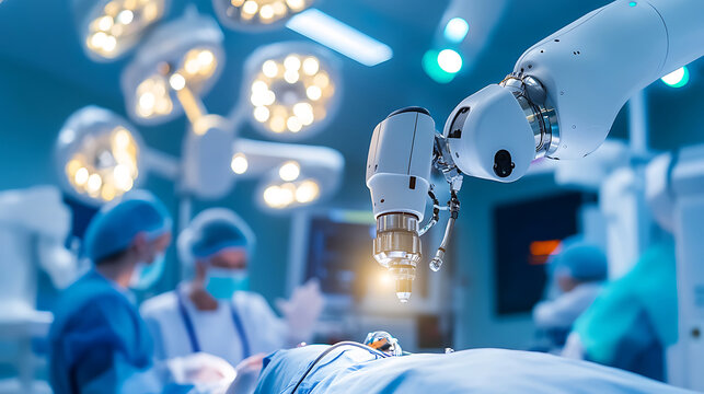 Surgeons Supervising Advanced Robotic Surgery in High-Tech Medical Facility: Automated Robot Arms Performing Precision Nanosurgery