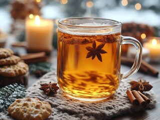 Fototapeta premium Warm spiced tea in a glass mug, surrounded by cookies and candles. Perfect for winter holidays, cozy atmosphere, and relaxation.