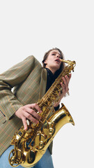 Elegant young woman, musician with saxophone, completely absorbed in performance, radiating jazz...