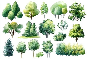 Aerial watercolor illustration depicting diverse greenery.