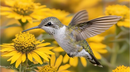 Naklejka premium Hummingbird in flight amongst yellow flowers