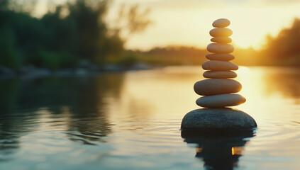 Obraz premium Photo of stacked stones on water with a blurred nature background at sunset, a spa and wellness concept .