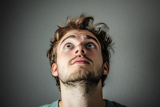 A young man gazes upward, lost in thought, his tousled brown hair framing a contemplative expression against a muted grey backdrop.
